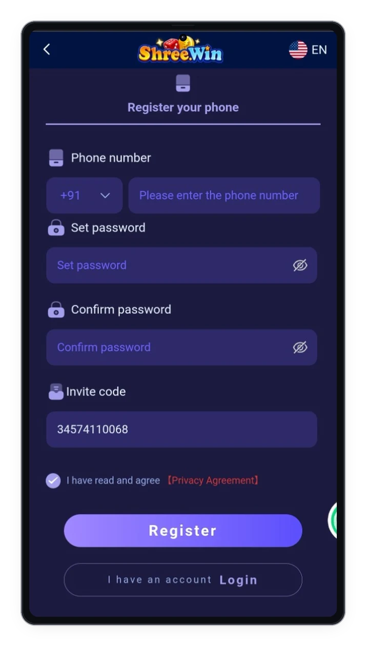 Shree Win Account Registration and Mobile Signup Form
